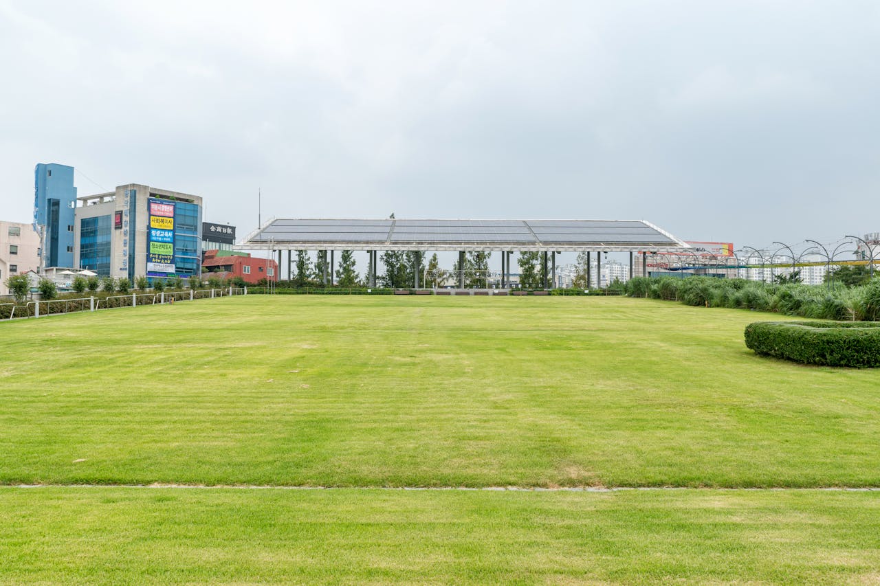 A spacious green lawn surrounded by urban buildings in Gwangju, South Korea.